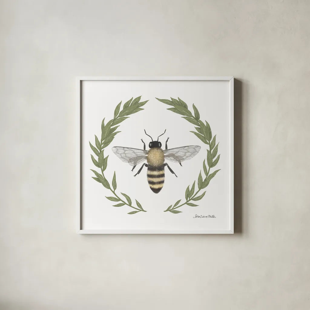 Happy to Bee Home I by Sara Zieve Miller. Shown in a crisp white glass frame for a clean and minimalist style. Available as an archival giclee rolled canvas, fine art paper, or poster print. SKU 33590a.