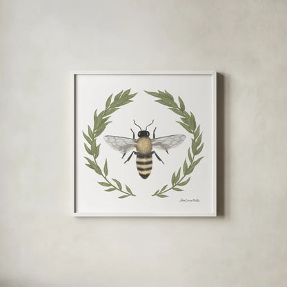 Happy to Bee Home I by Sara Zieve Miller. Shown in a crisp white glass frame for a clean and minimalist style. Available as an archival giclee rolled canvas, fine art paper, or poster print. SKU 33590a.