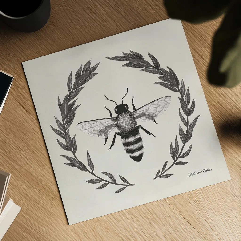 Happy to Bee Home I Neutral by Sara Zieve Miller. Shown as a detailed flat fine art print, highlighting archival giclee quality. Available as an archival giclee rolled canvas, fine art paper, or poster print. SKU 54681a.