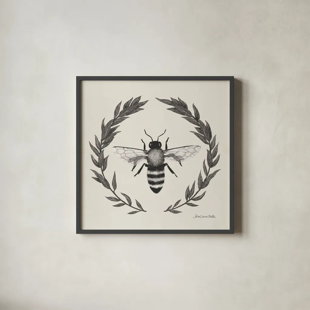 Happy to Bee Home I Neutral by Sara Zieve Miller. Shown in a sleek black glass frame for a contemporary gallery look. Available as an archival giclee rolled canvas, fine art paper, or poster print. SKU 54681a.
