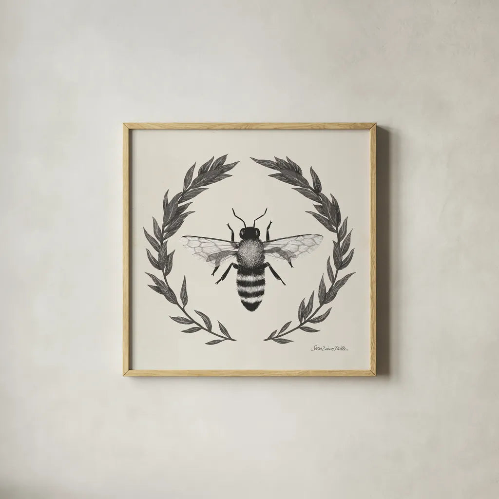 Happy to Bee Home I Neutral by Sara Zieve Miller. Shown in a natural wood glass frame for a timeless modern aesthetic. Available as an archival giclee rolled canvas, fine art paper, or poster print. SKU 54681a.