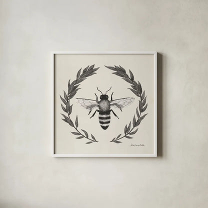 Happy to Bee Home I Neutral by Sara Zieve Miller. Shown in a crisp white glass frame for a clean and minimalist style. Available as an archival giclee rolled canvas, fine art paper, or poster print. SKU 54681a.