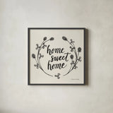 Happy to Bee Home I Words Neutral by Sara Zieve Miller. Shown in a sleek black glass frame for a contemporary gallery look. Available as an archival giclee rolled canvas, fine art paper, or poster print. SKU 54683a.