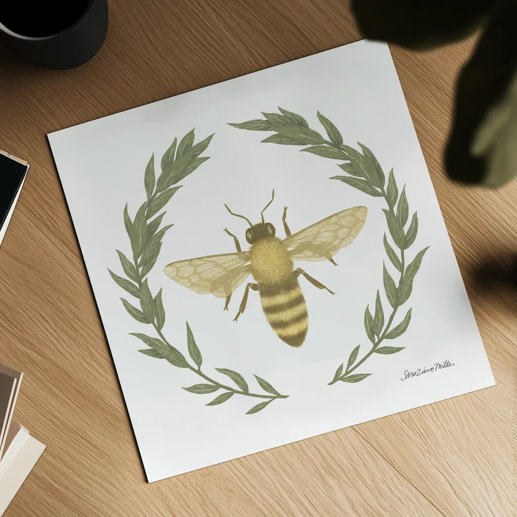 Happy to Bee Home I Yellow by Sara Zieve Miller. Shown as a detailed flat fine art print, highlighting archival giclee quality. Available as an archival giclee rolled canvas, fine art paper, or poster print. SKU 70698a.