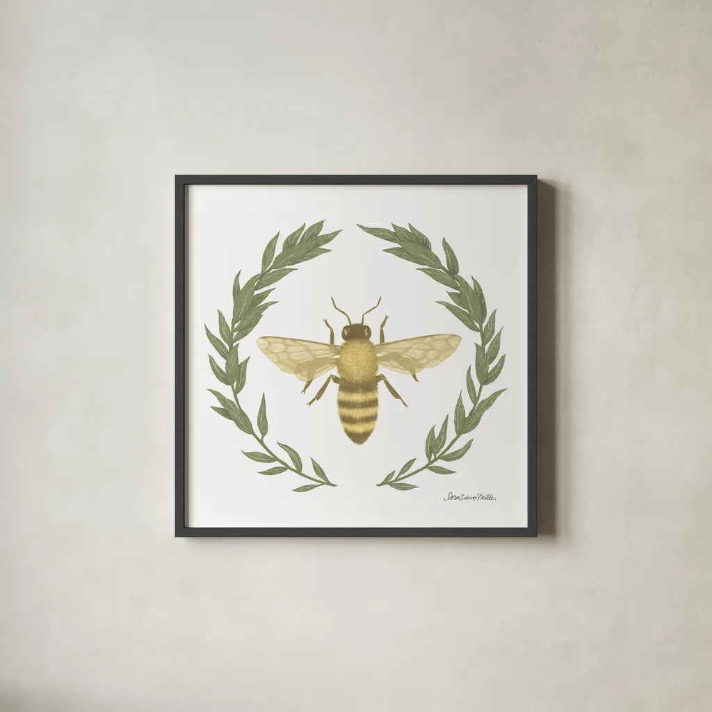 Happy to Bee Home I Yellow by Sara Zieve Miller. Shown in a sleek black glass frame for a contemporary gallery look. Available as an archival giclee rolled canvas, fine art paper, or poster print. SKU 70698a.