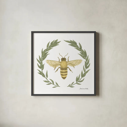 Happy to Bee Home I Yellow by Sara Zieve Miller. Shown in a sleek black glass frame for a contemporary gallery look. Available as an archival giclee rolled canvas, fine art paper, or poster print. SKU 70698a.