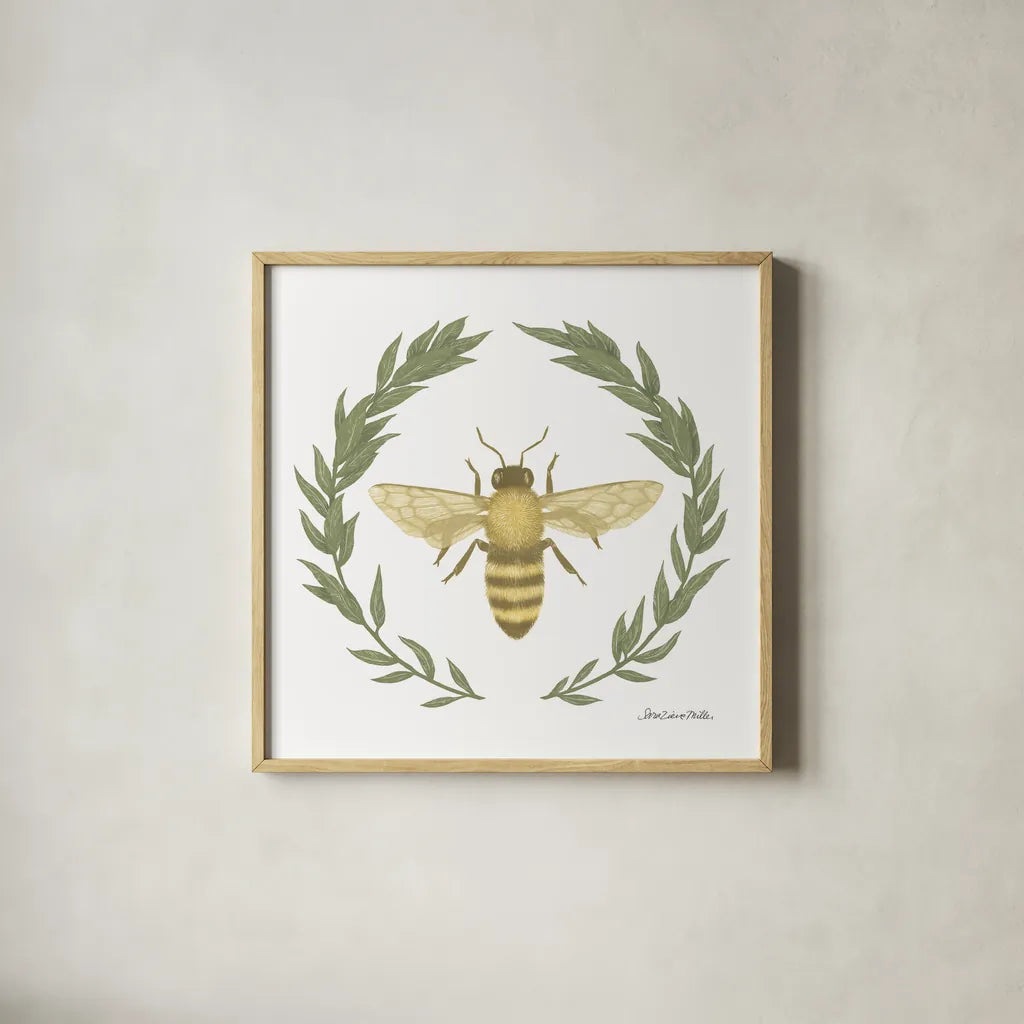 Happy to Bee Home I Yellow by Sara Zieve Miller. Shown in a natural wood glass frame for a timeless modern aesthetic. Available as an archival giclee rolled canvas, fine art paper, or poster print. SKU 70698a.