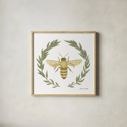 Happy to Bee Home I Yellow by Sara Zieve Miller. Shown in a natural wood glass frame for a timeless modern aesthetic. Available as an archival giclee rolled canvas, fine art paper, or poster print. SKU 70698a.