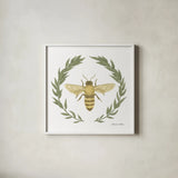 Happy to Bee Home I Yellow by Sara Zieve Miller. Shown in a crisp white glass frame for a clean and minimalist style. Available as an archival giclee rolled canvas, fine art paper, or poster print. SKU 70698a.