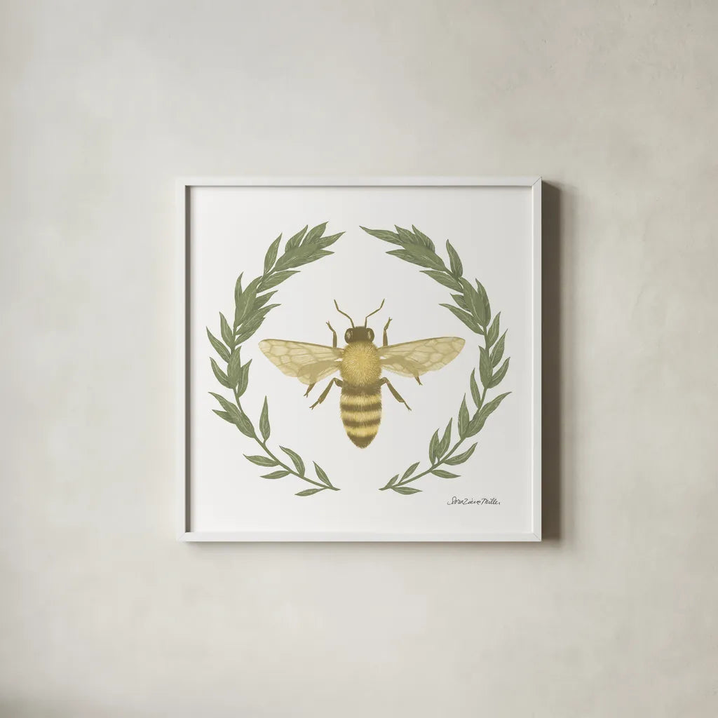 Happy to Bee Home I Yellow by Sara Zieve Miller. Shown in a crisp white glass frame for a clean and minimalist style. Available as an archival giclee rolled canvas, fine art paper, or poster print. SKU 70698a.