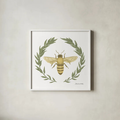 Happy to Bee Home I Yellow by Sara Zieve Miller. Shown in a crisp white glass frame for a clean and minimalist style. Available as an archival giclee rolled canvas, fine art paper, or poster print. SKU 70698a.