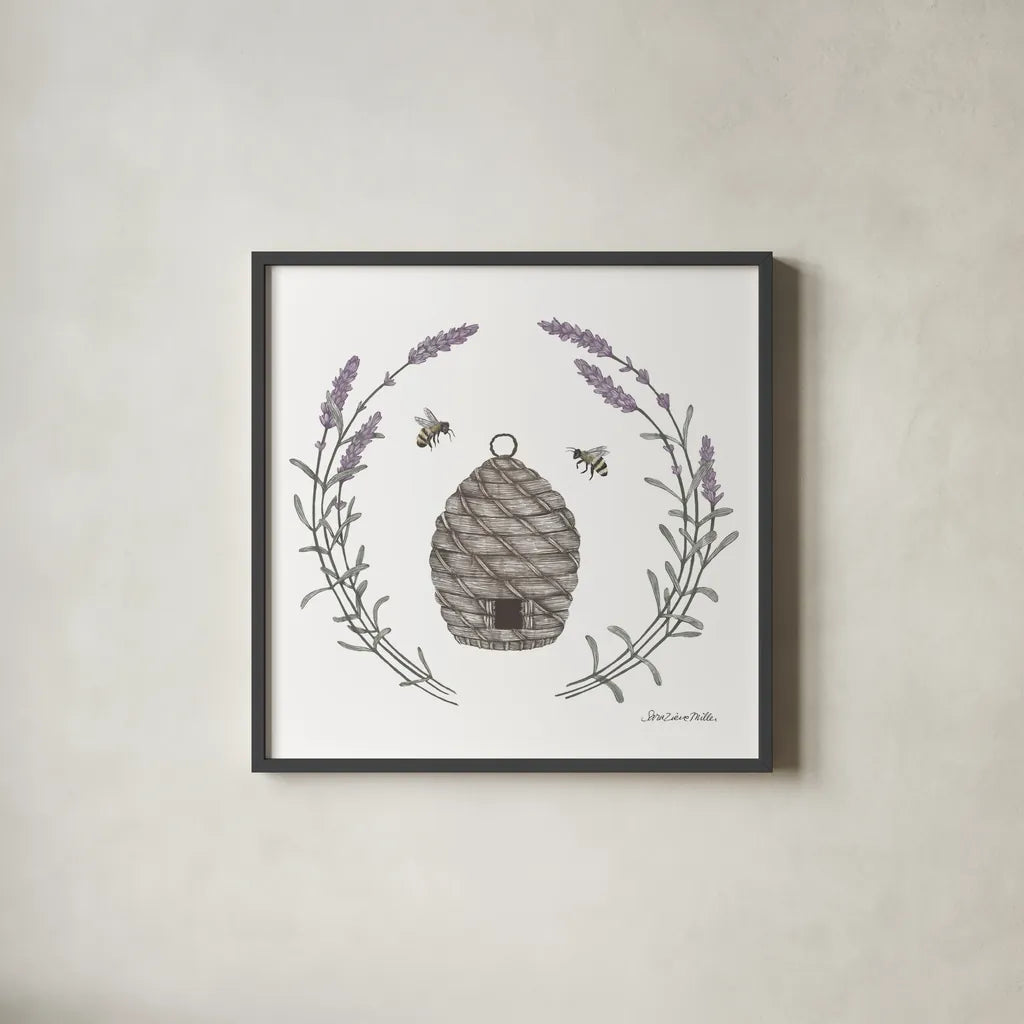 Happy to Bee Home II by Sara Zieve Miller. Shown in a sleek black glass frame for a contemporary gallery look. Available as an archival giclee rolled canvas, fine art paper, or poster print. SKU 33591a.