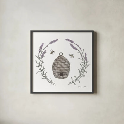 Happy to Bee Home II by Sara Zieve Miller. Shown in a sleek black glass frame for a contemporary gallery look. Available as an archival giclee rolled canvas, fine art paper, or poster print. SKU 33591a.