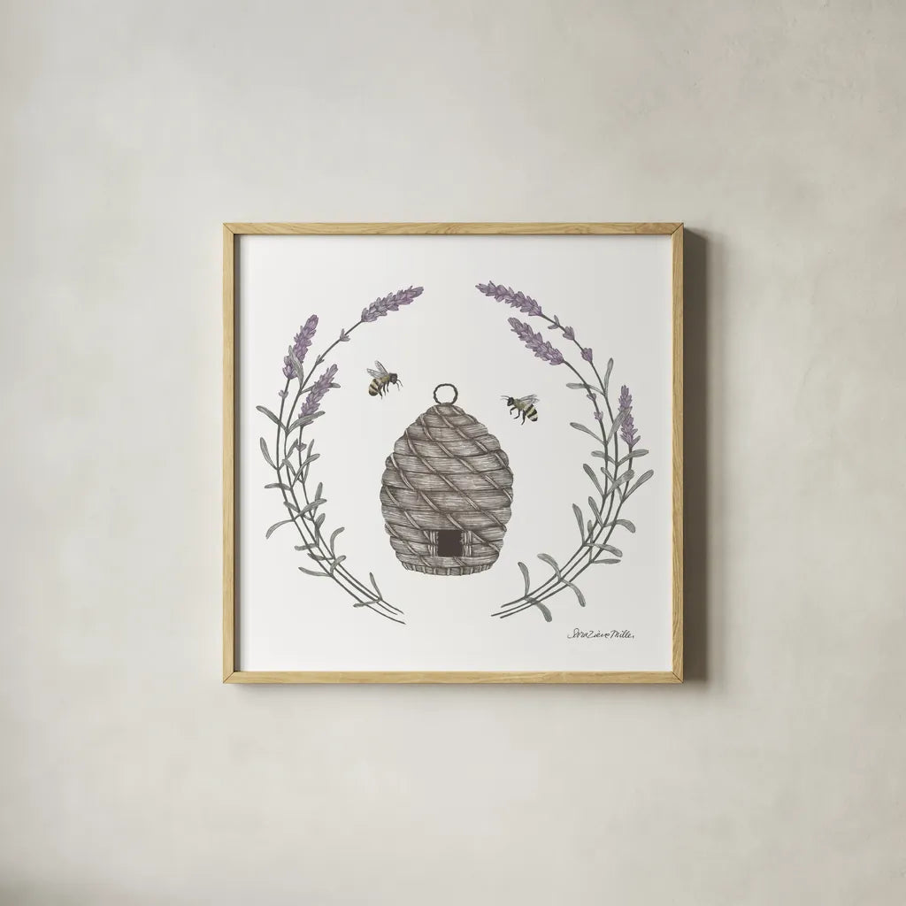 Happy to Bee Home II by Sara Zieve Miller. Shown in a natural wood glass frame for a timeless modern aesthetic. Available as an archival giclee rolled canvas, fine art paper, or poster print. SKU 33591a.