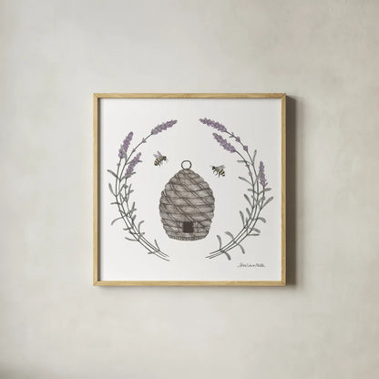 Happy to Bee Home II by Sara Zieve Miller. Shown in a natural wood glass frame for a timeless modern aesthetic. Available as an archival giclee rolled canvas, fine art paper, or poster print. SKU 33591a.