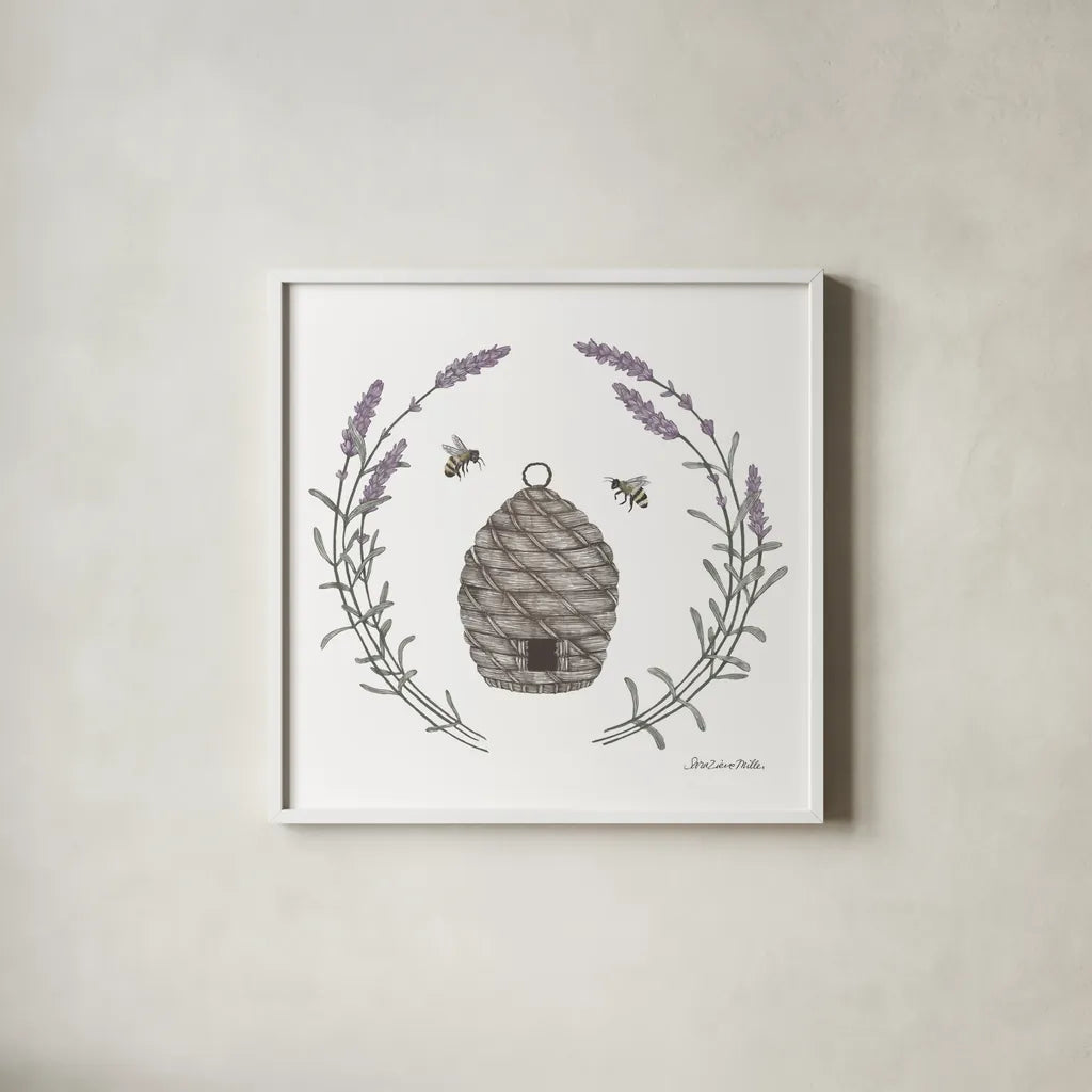 Happy to Bee Home II by Sara Zieve Miller. Shown in a crisp white glass frame for a clean and minimalist style. Available as an archival giclee rolled canvas, fine art paper, or poster print. SKU 33591a.