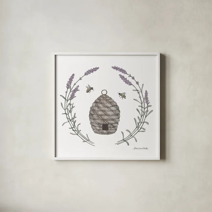 Happy to Bee Home II by Sara Zieve Miller. Shown in a crisp white glass frame for a clean and minimalist style. Available as an archival giclee rolled canvas, fine art paper, or poster print. SKU 33591a.