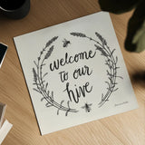 Happy to Bee Home II Words Neutral by Sara Zieve Miller. Shown as a detailed flat fine art print, highlighting archival giclee quality. Available as an archival giclee rolled canvas, fine art paper, or poster print. SKU 54684a.