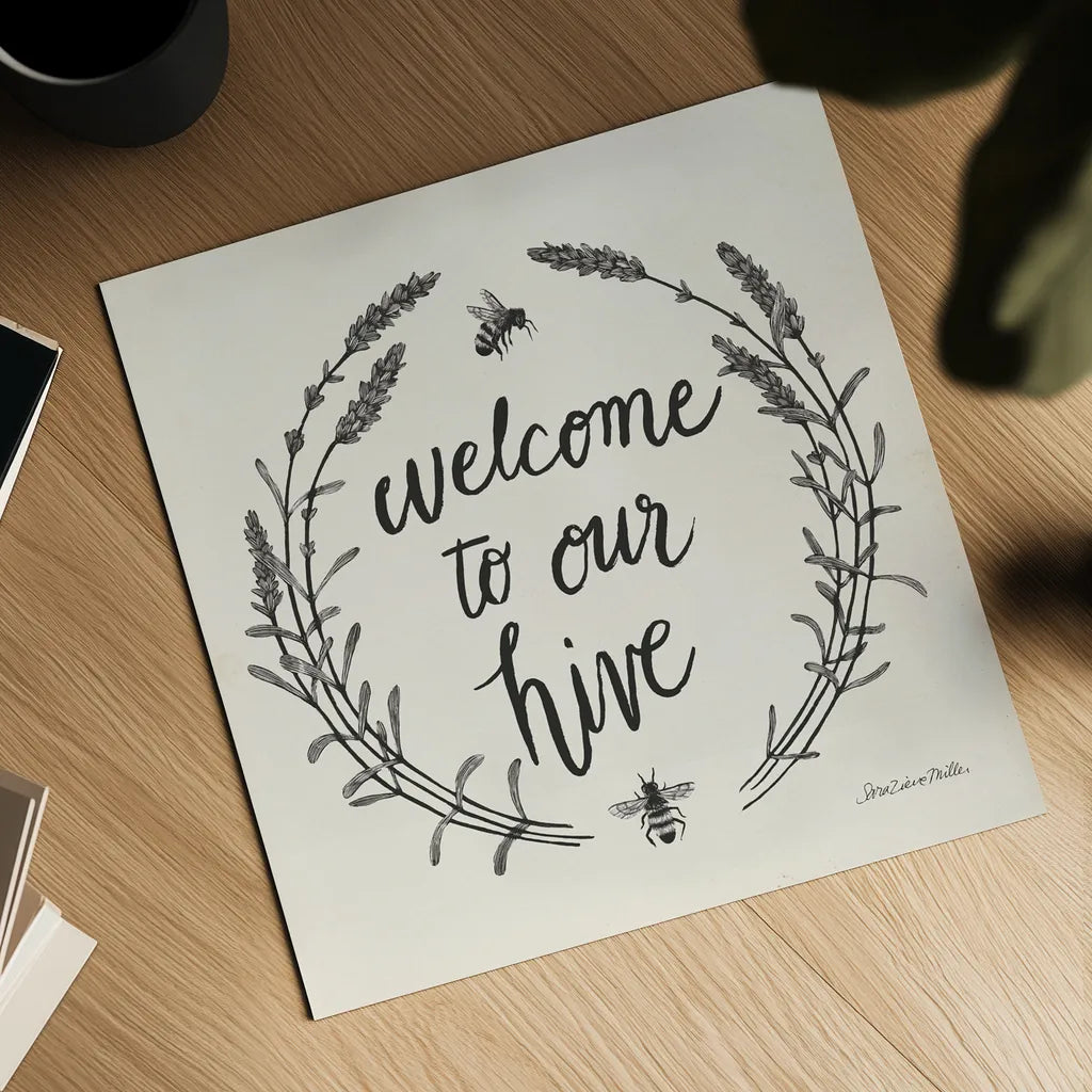 Happy to Bee Home II Words Neutral by Sara Zieve Miller. Shown as a detailed flat fine art print, highlighting archival giclee quality. Available as an archival giclee rolled canvas, fine art paper, or poster print. SKU 54684a.