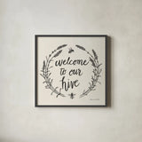 Happy to Bee Home II Words Neutral by Sara Zieve Miller. Shown in a sleek black glass frame for a contemporary gallery look. Available as an archival giclee rolled canvas, fine art paper, or poster print. SKU 54684a.