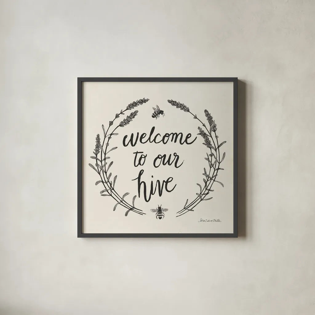 Happy to Bee Home II Words Neutral by Sara Zieve Miller. Shown in a sleek black glass frame for a contemporary gallery look. Available as an archival giclee rolled canvas, fine art paper, or poster print. SKU 54684a.