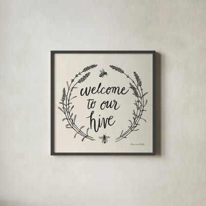 Happy to Bee Home II Words Neutral by Sara Zieve Miller. Shown in a sleek black glass frame for a contemporary gallery look. Available as an archival giclee rolled canvas, fine art paper, or poster print. SKU 54684a.