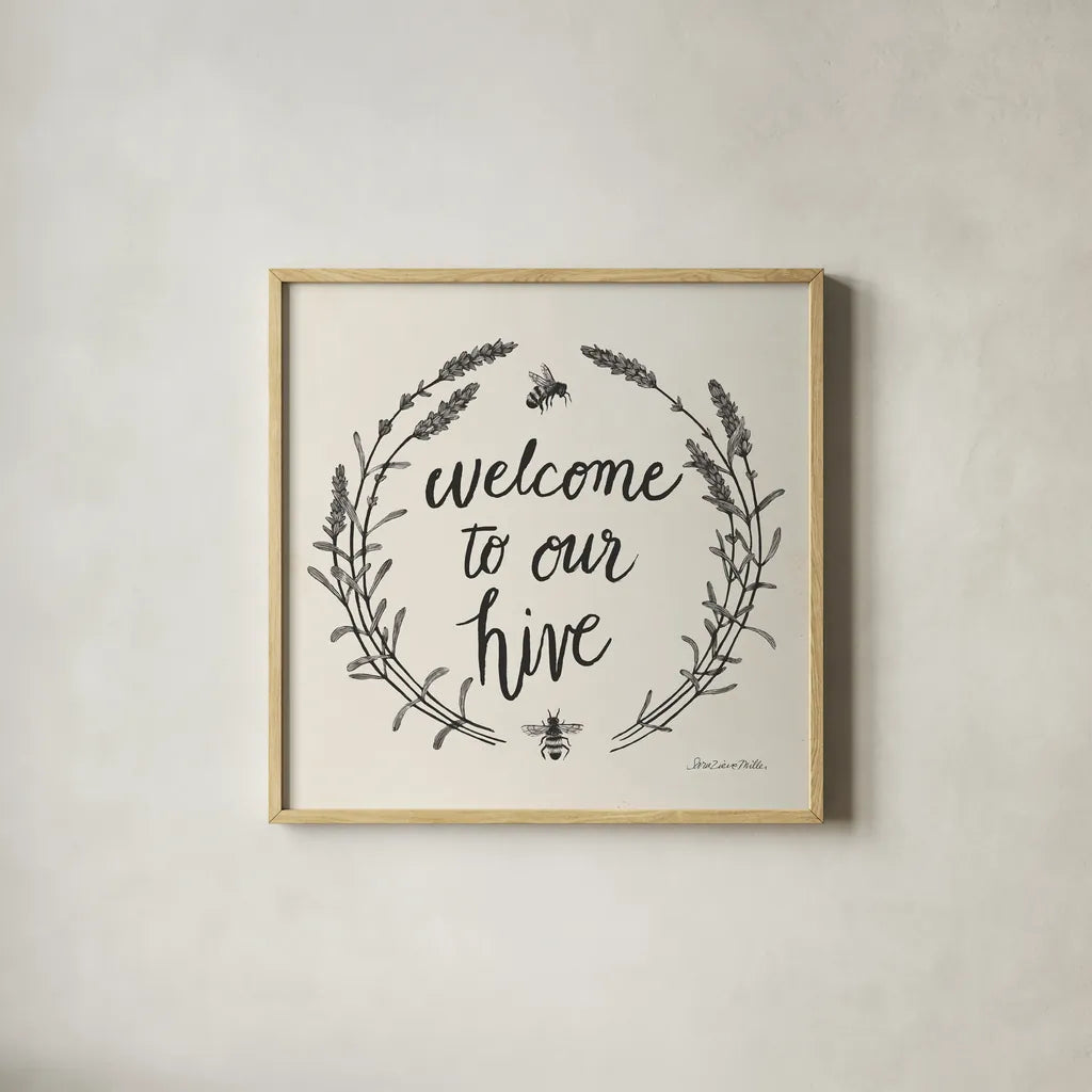 Happy to Bee Home II Words Neutral by Sara Zieve Miller. Shown in a natural wood glass frame for a timeless modern aesthetic. Available as an archival giclee rolled canvas, fine art paper, or poster print. SKU 54684a.