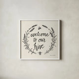 Happy to Bee Home II Words Neutral by Sara Zieve Miller. Shown in a crisp white glass frame for a clean and minimalist style. Available as an archival giclee rolled canvas, fine art paper, or poster print. SKU 54684a.