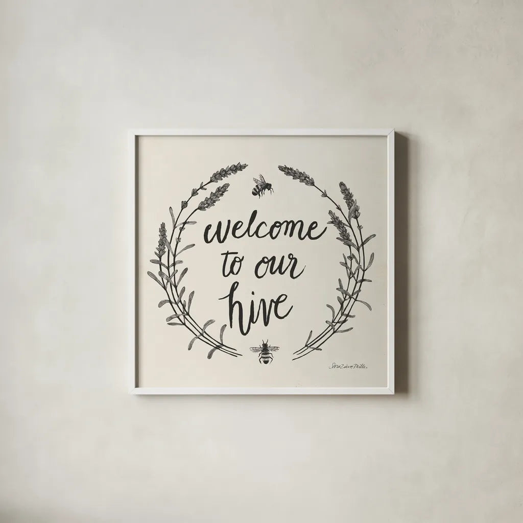 Happy to Bee Home II Words Neutral by Sara Zieve Miller. Shown in a crisp white glass frame for a clean and minimalist style. Available as an archival giclee rolled canvas, fine art paper, or poster print. SKU 54684a.