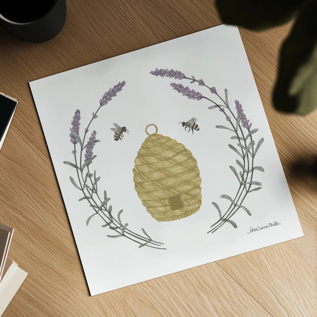 Happy to Bee Home II Yellow by Sara Zieve Miller. Shown as a detailed flat fine art print, highlighting archival giclee quality. Available as an archival giclee rolled canvas, fine art paper, or poster print. SKU 70699a.