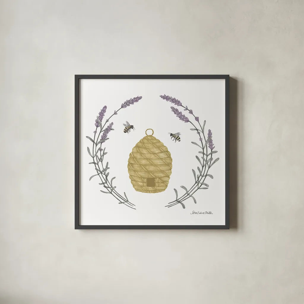 Happy to Bee Home II Yellow by Sara Zieve Miller. Shown in a sleek black glass frame for a contemporary gallery look. Available as an archival giclee rolled canvas, fine art paper, or poster print. SKU 70699a.