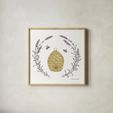 Happy to Bee Home II Yellow by Sara Zieve Miller. Shown in a natural wood glass frame for a timeless modern aesthetic. Available as an archival giclee rolled canvas, fine art paper, or poster print. SKU 70699a.