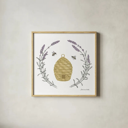 Happy to Bee Home II Yellow by Sara Zieve Miller. Shown in a natural wood glass frame for a timeless modern aesthetic. Available as an archival giclee rolled canvas, fine art paper, or poster print. SKU 70699a.
