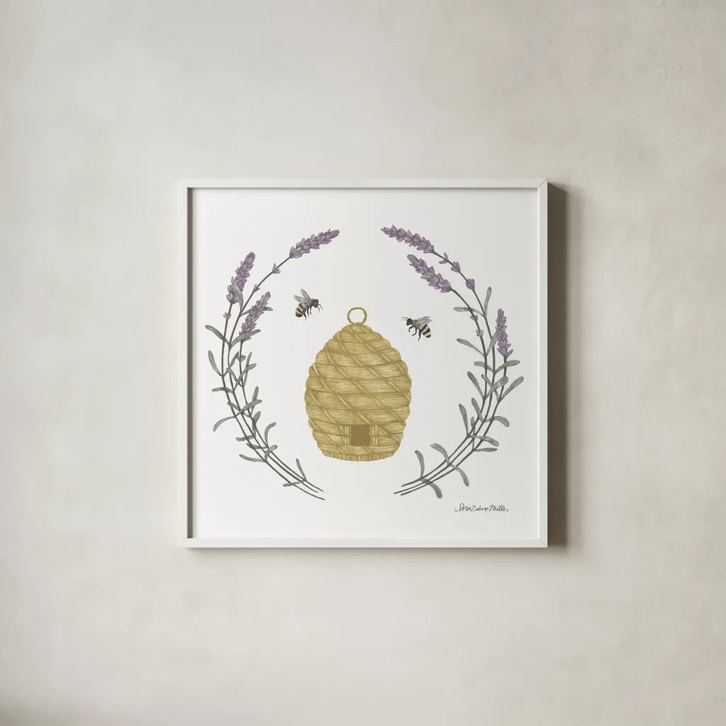 Happy to Bee Home II Yellow by Sara Zieve Miller. Shown in a crisp white glass frame for a clean and minimalist style. Available as an archival giclee rolled canvas, fine art paper, or poster print. SKU 70699a.
