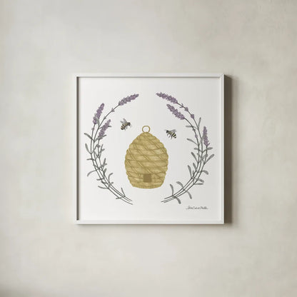 Happy to Bee Home II Yellow by Sara Zieve Miller. Shown in a crisp white glass frame for a clean and minimalist style. Available as an archival giclee rolled canvas, fine art paper, or poster print. SKU 70699a.