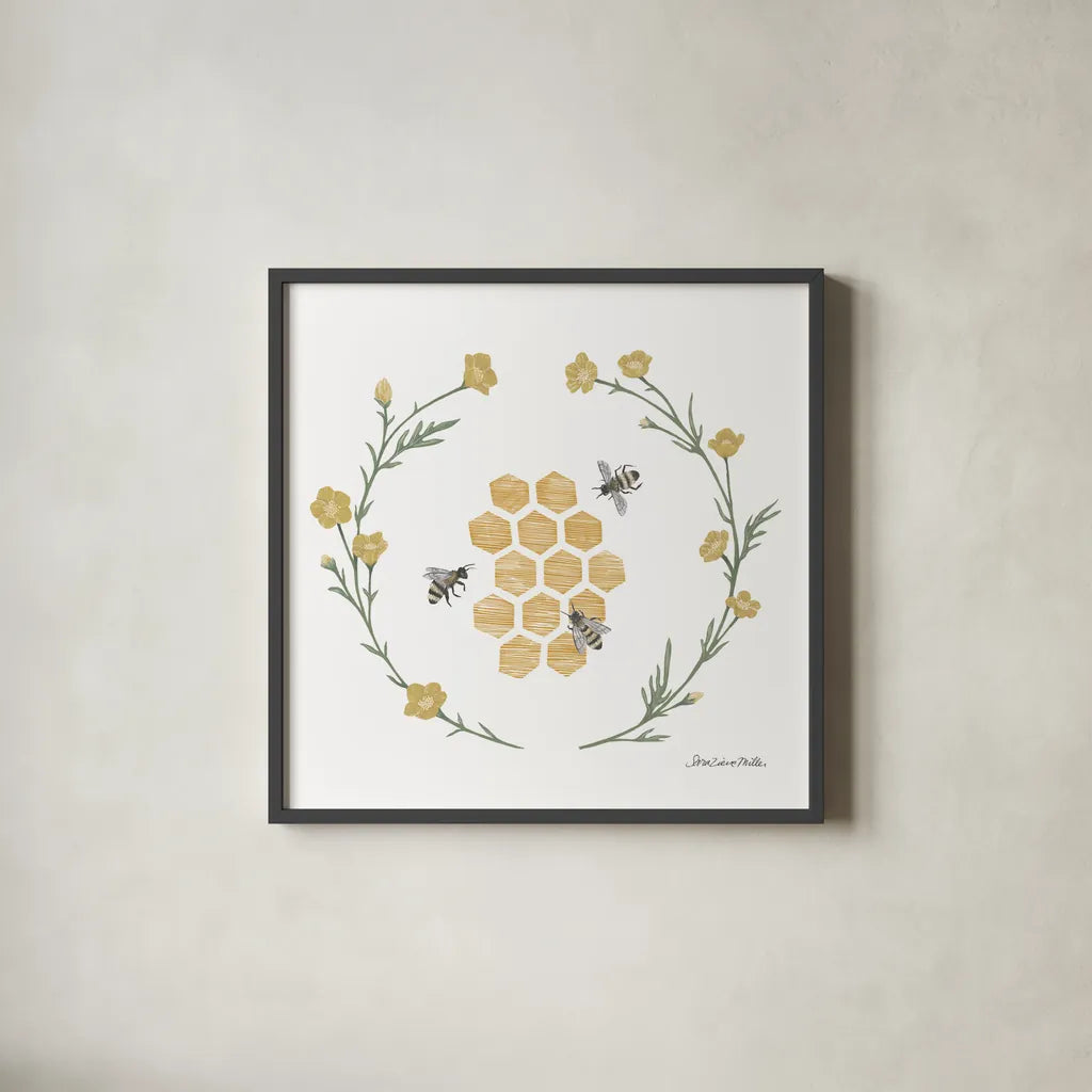 Happy to Bee Home III by Sara Zieve Miller. Shown in a sleek black glass frame for a contemporary gallery look. Available as an archival giclee rolled canvas, fine art paper, or poster print. SKU 33592a.