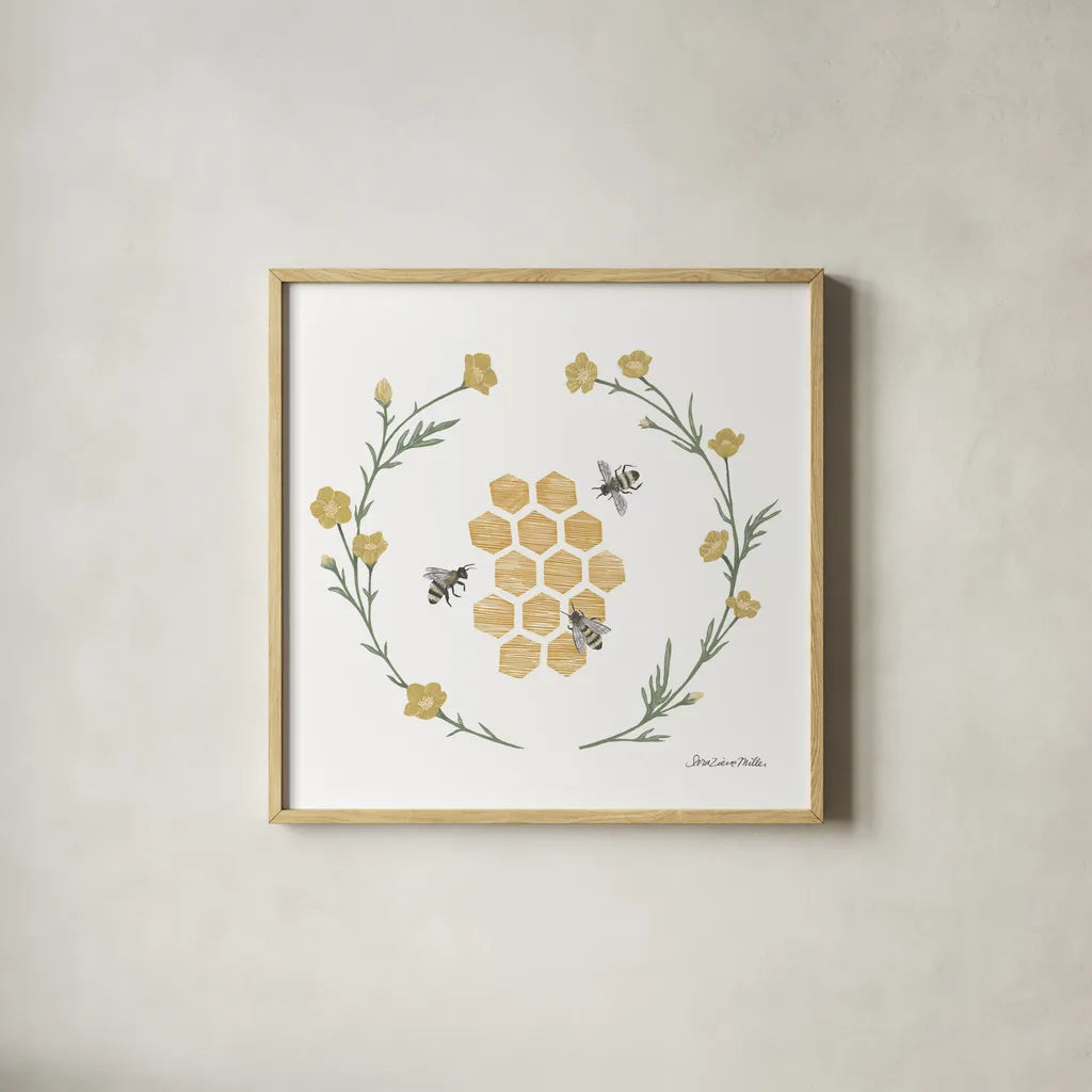 Happy to Bee Home III by Sara Zieve Miller. Shown in a natural wood glass frame for a timeless modern aesthetic. Available as an archival giclee rolled canvas, fine art paper, or poster print. SKU 33592a.