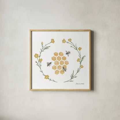Happy to Bee Home III by Sara Zieve Miller. Shown in a natural wood glass frame for a timeless modern aesthetic. Available as an archival giclee rolled canvas, fine art paper, or poster print. SKU 33592a.