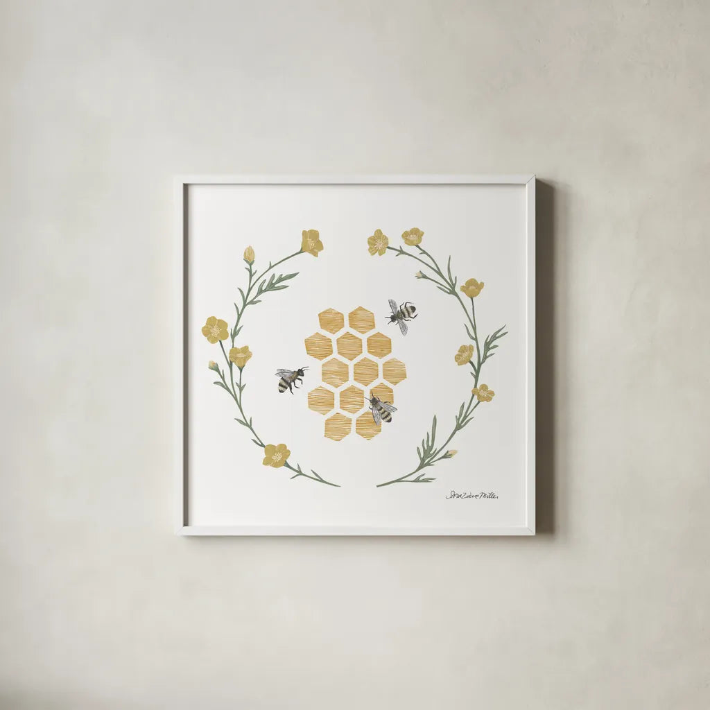 Happy to Bee Home III by Sara Zieve Miller. Shown in a crisp white glass frame for a clean and minimalist style. Available as an archival giclee rolled canvas, fine art paper, or poster print. SKU 33592a.