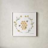Happy to Bee Home III by Sara Zieve Miller. Shown in a crisp white glass frame for a clean and minimalist style. Available as an archival giclee rolled canvas, fine art paper, or poster print. SKU 33592a.
