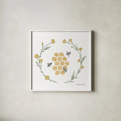 Happy to Bee Home III by Sara Zieve Miller. Shown in a crisp white glass frame for a clean and minimalist style. Available as an archival giclee rolled canvas, fine art paper, or poster print. SKU 33592a.