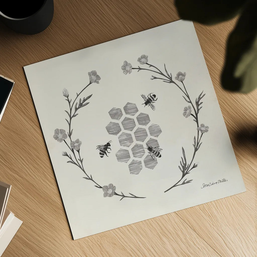 Happy to Bee Home III Neutral by Sara Zieve Miller. Shown as a detailed flat fine art print, highlighting archival giclee quality. Available as an archival giclee rolled canvas, fine art paper, or poster print. SKU 54682a.