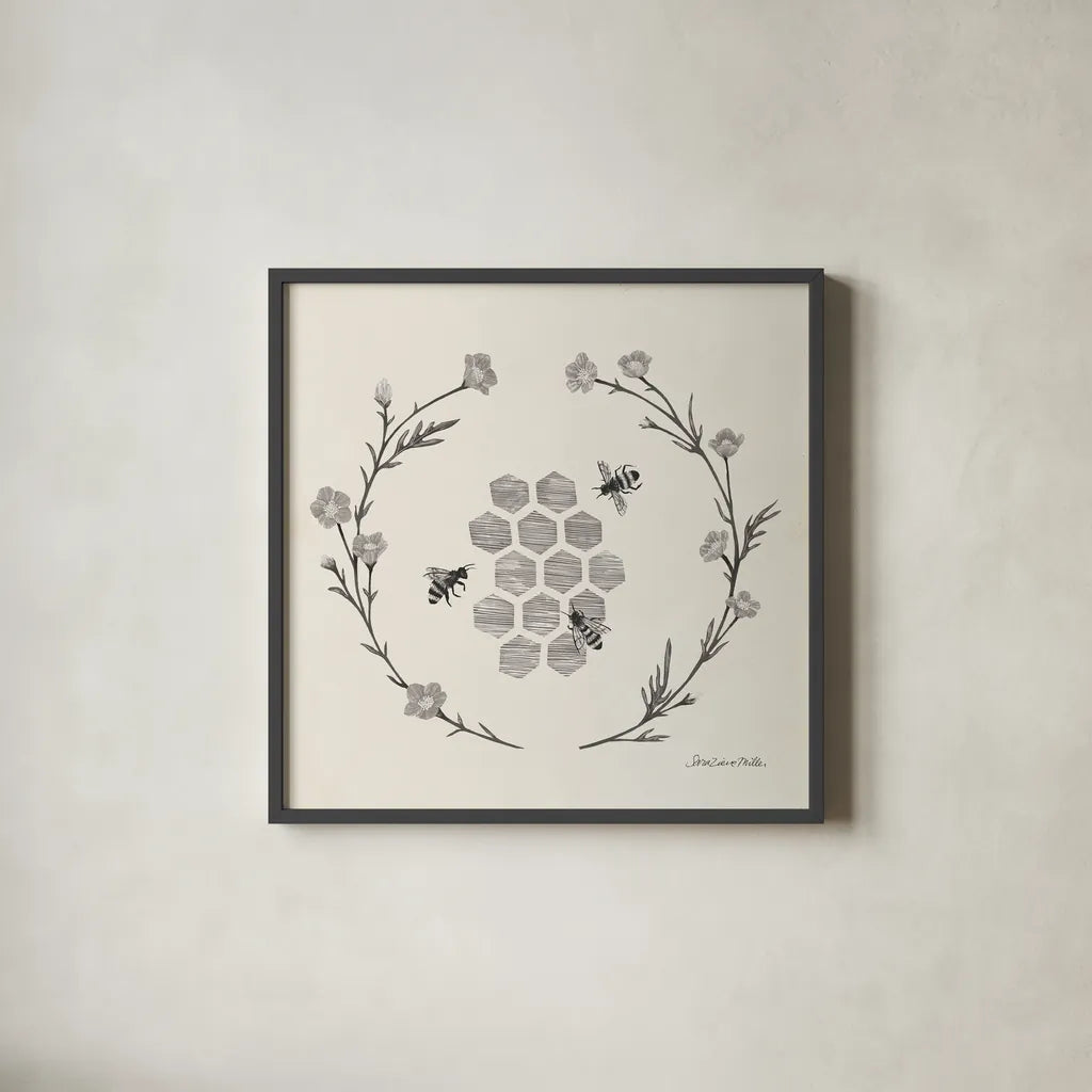 Happy to Bee Home III Neutral by Sara Zieve Miller. Shown in a sleek black glass frame for a contemporary gallery look. Available as an archival giclee rolled canvas, fine art paper, or poster print. SKU 54682a.