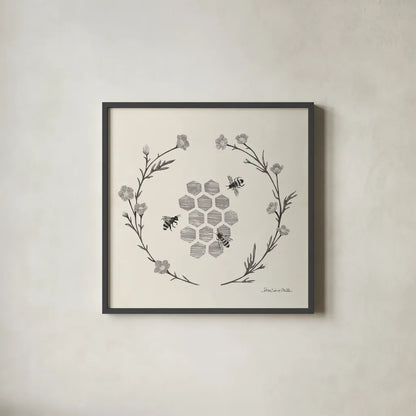 Happy to Bee Home III Neutral by Sara Zieve Miller. Shown in a sleek black glass frame for a contemporary gallery look. Available as an archival giclee rolled canvas, fine art paper, or poster print. SKU 54682a.