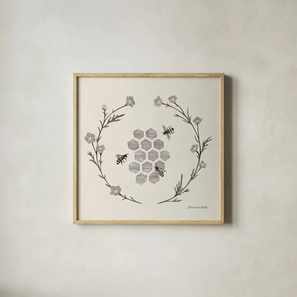 Happy to Bee Home III Neutral by Sara Zieve Miller. Shown in a natural wood glass frame for a timeless modern aesthetic. Available as an archival giclee rolled canvas, fine art paper, or poster print. SKU 54682a.