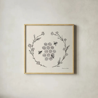 Happy to Bee Home III Neutral by Sara Zieve Miller. Shown in a natural wood glass frame for a timeless modern aesthetic. Available as an archival giclee rolled canvas, fine art paper, or poster print. SKU 54682a.