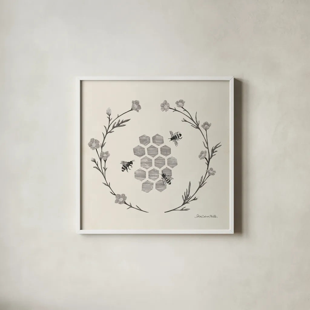 Happy to Bee Home III Neutral by Sara Zieve Miller. Shown in a crisp white glass frame for a clean and minimalist style. Available as an archival giclee rolled canvas, fine art paper, or poster print. SKU 54682a.