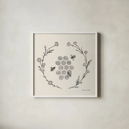 Happy to Bee Home III Neutral by Sara Zieve Miller. Shown in a crisp white glass frame for a clean and minimalist style. Available as an archival giclee rolled canvas, fine art paper, or poster print. SKU 54682a.