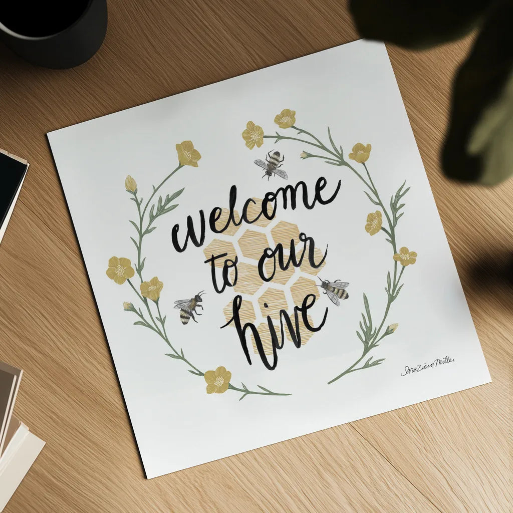 Happy to Bee Home III Welcome by Sara Zieve Miller. Shown as a detailed flat fine art print, highlighting archival giclee quality. Available as an archival giclee rolled canvas, fine art paper, or poster print. SKU 44544a.