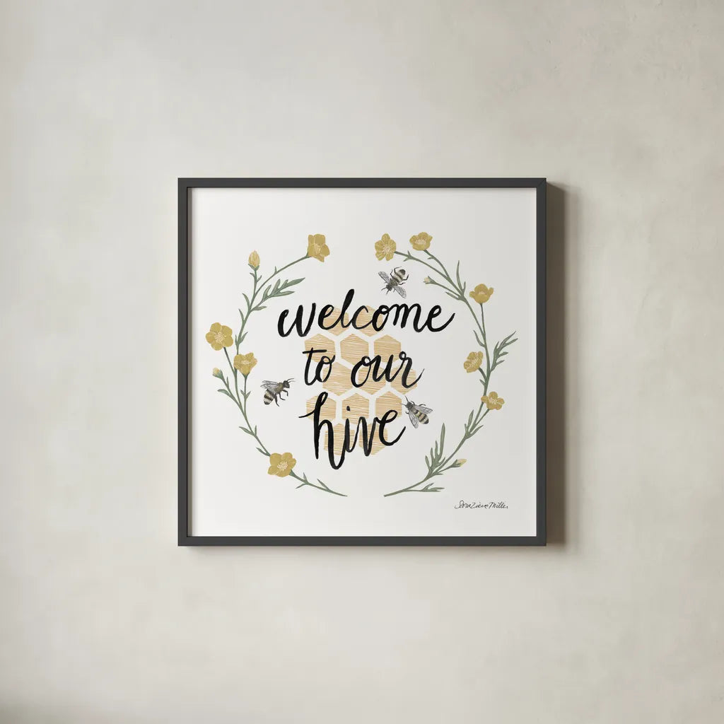 Happy to Bee Home III Welcome by Sara Zieve Miller. Shown in a sleek black glass frame for a contemporary gallery look. Available as an archival giclee rolled canvas, fine art paper, or poster print. SKU 44544a.